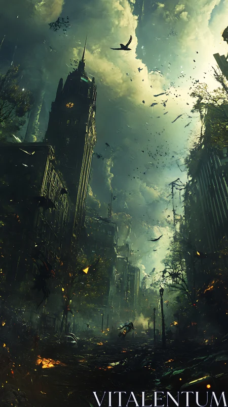 Post-apocalyptic high-rise canyon under turbulent particulate sky