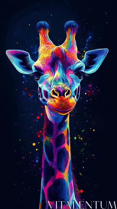 Neon spectrum giraffe portrait against deep cosmic void.