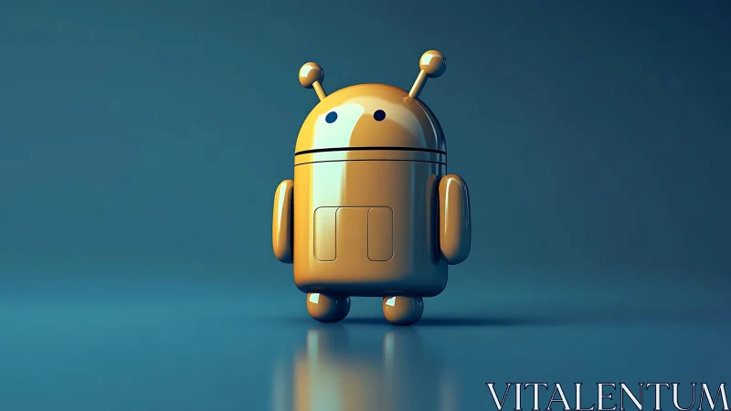 Golden toy robot figure on glossy blue studio background.