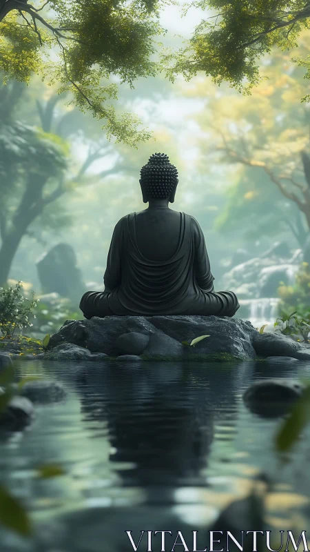 Buddha statue from behind beside reflective forest pond.