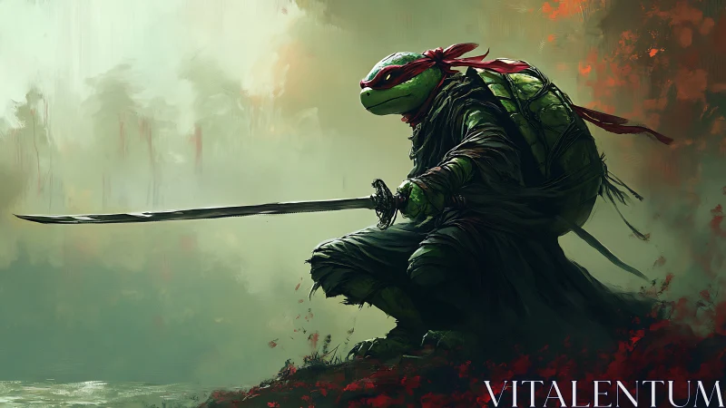 Brooding turtle swordsman poised in mist and embers.