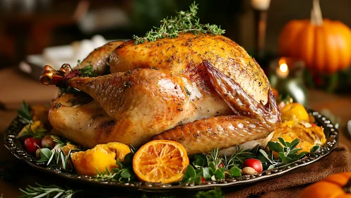 Golden roasted turkey with citrus garnish in warm lighting.