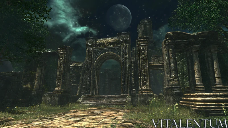 Moonlit jungle ruins guarding a forgotten stone gateway.