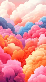 Vibrant pastel forest rises under glowing cotton clouds.