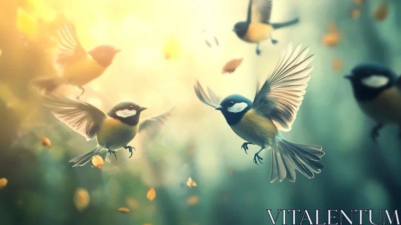 Colorful Songbirds in Flight with Soft Sunlight, Dreamy Style.