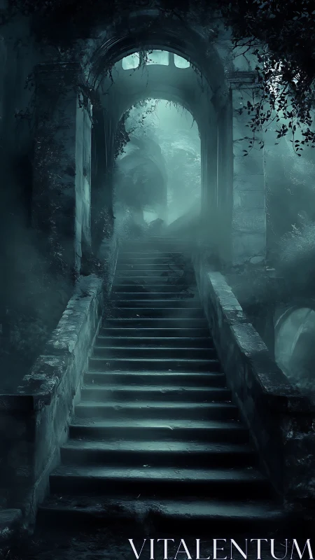 Fog-drenched ruin staircase under spectral cyan volumetrics.