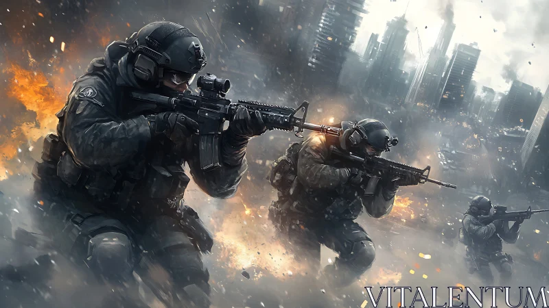 Stormline fireteam charging through a collapsing cityfront.