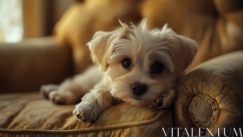 Small white puppy rests on plush golden armchair cushion