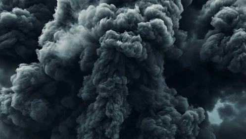 Dense dark smoke clouds form thick turbulent billowing shapes