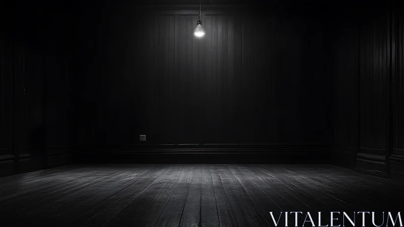 Solitary pendant bulb over dark timber interior void.