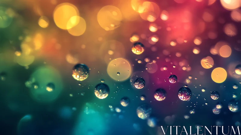 Photorealistic macro droplets on prismatic bokeh gradient field.