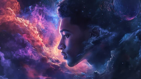 Profile of young man integrated into vivid cosmic nebula