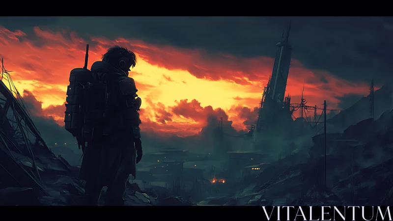 Lone wasteland wanderer under burning postwar sky.