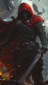 Hooded swordsman in crimson cloak amid burning embers.