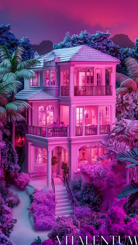 Neon-lit tropical villa in saturated cinematic 3D render.