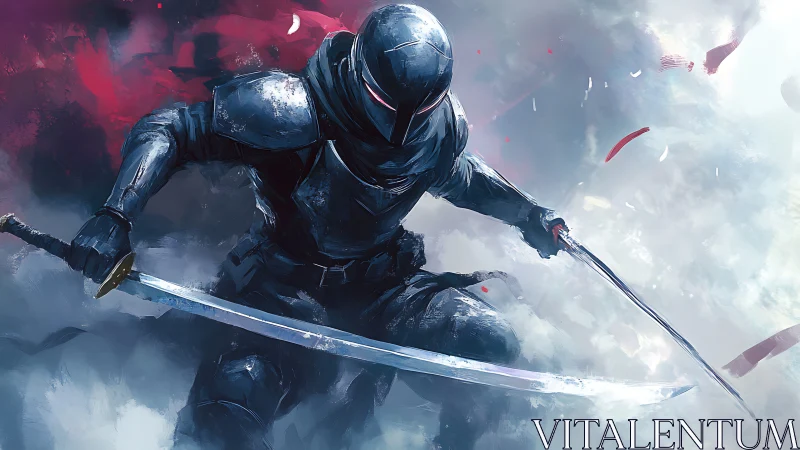 Armored cyber ninja with twin katanas in storm clash.