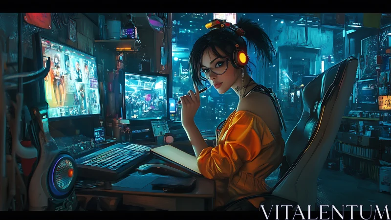 Cyberpunk gamer studies neon city data in a glowing studio