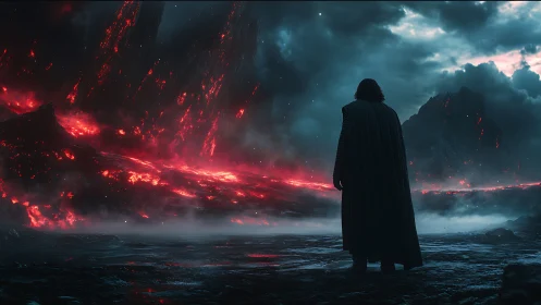 Cloaked figure observing molten lava plain under storm clouds