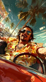 Sunlit joyride through palm-lined coastal boulevard.