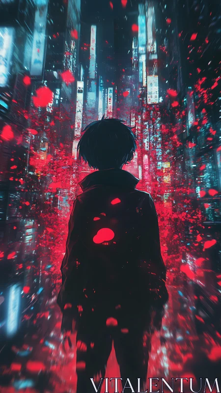 Neon wanderer bathed in red dreams of the sleepless city.