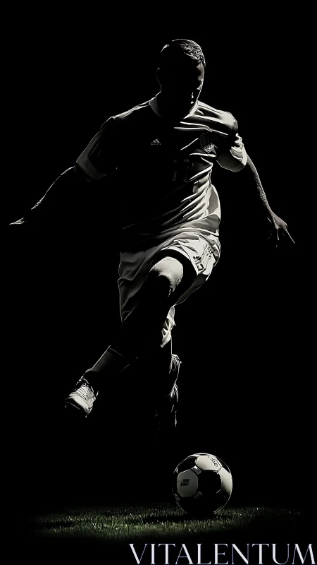 Silhouetted soccer striker controls ball under hard light.