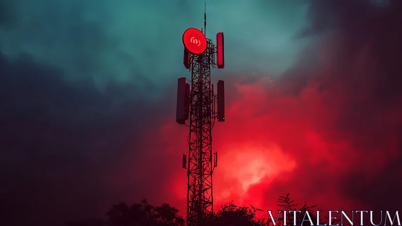 Cellular tower glows red against stormy cyan twilight sky