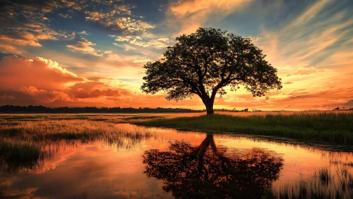 Solitary tree over glowing wetland sunset reflection.