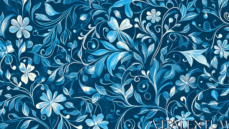 Blue Floral Damask Pattern with Swirling Leaves.