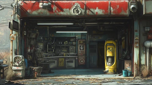 Rust-bitten roadside workshop hums in retro-future quiet.