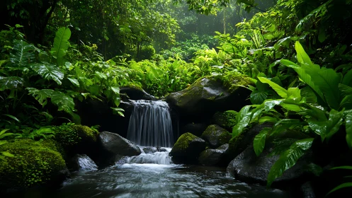 Serene jungle waterfall cascades through lush green foliage
