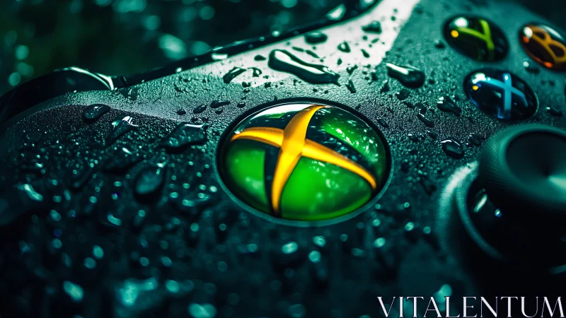 Xbox controller closeup with water droplets on surface.