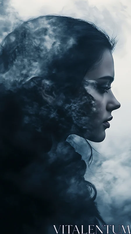 Side-profile portrait dissolving into swirling blue smoke veil