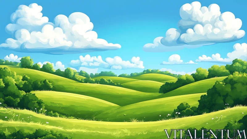 Sunny rolling hills under soft clouds and bright blue sky.