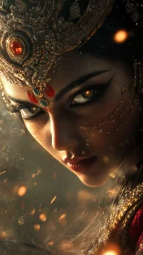 Profile view of ornate bejeweled headdress and painted face.