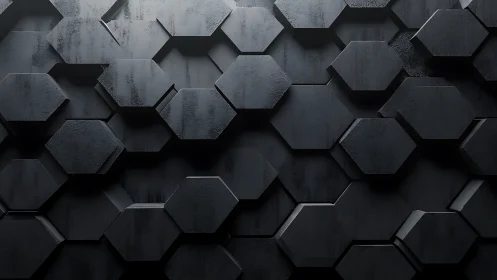 Geometric hexagonal relief wall in dark industrial 3D finish.
