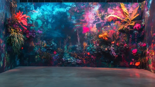 Immersive gallery corner displays neon botanical wall installation.
