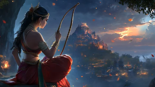 Moonlit archer princess guarding a glowing cliffside kingdom.