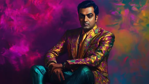 Portrait of man in metallic patterned suit on vivid background.