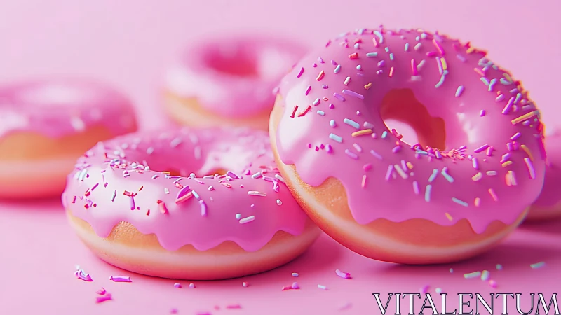 High-gloss pink frosted donuts with sprinkles on pastel backdrop