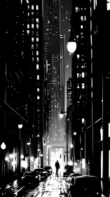 Noir high-rise corridor with lone pedestrian in wet street