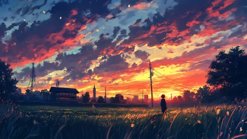 Sunset sky spans rural field, power lines, and distant city