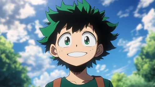 Anime boy portrait outdoors under partly cloudy sky.