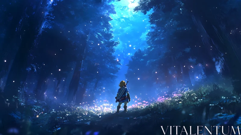 Lone adventurer bathing in enchanted cobalt forest light.