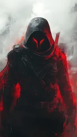 Hooded armored figure with red visor in smoky environment.