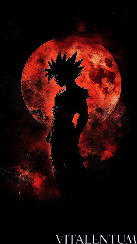 Silhouetted warrior stands before a blazing crimson moon.