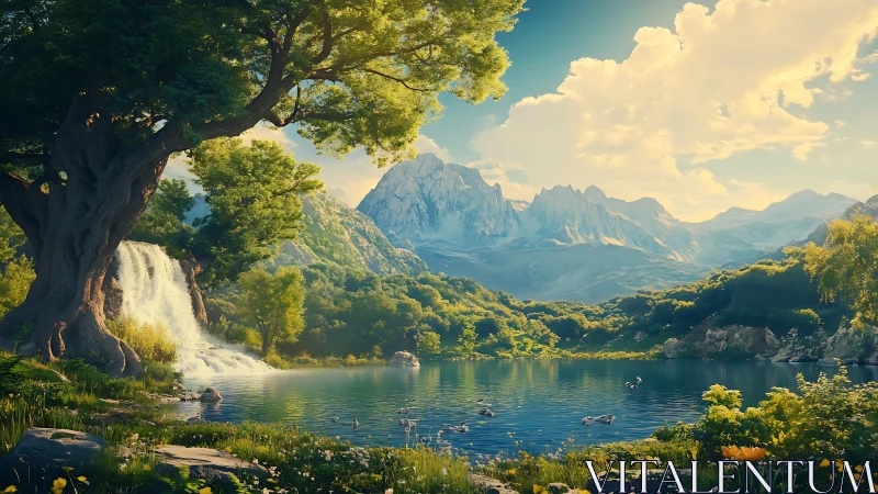 Sunlit mountain lake with waterfall beside ancient tree