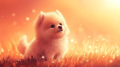 Glowing sunset fields with fluffy puppy in soft focus light.