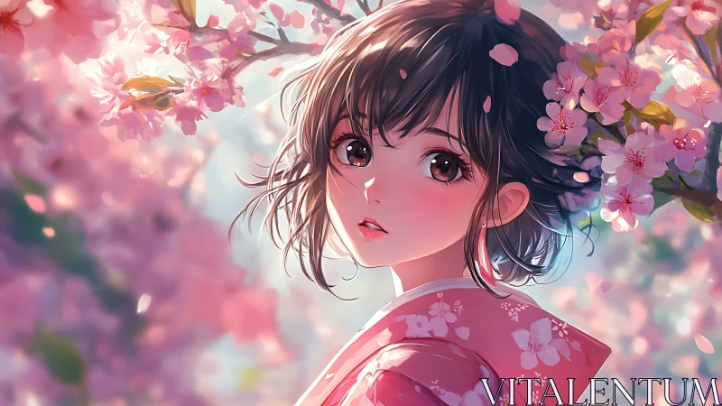 Anime portrait under cherry blossoms with soft bokeh focus.