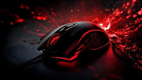 Sleek Gaming Mouse with Red LED Lighting in Dynamic Splash Art.