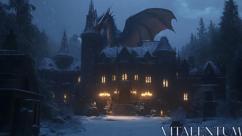 Dragon above snowbound gothic castle at winter night.